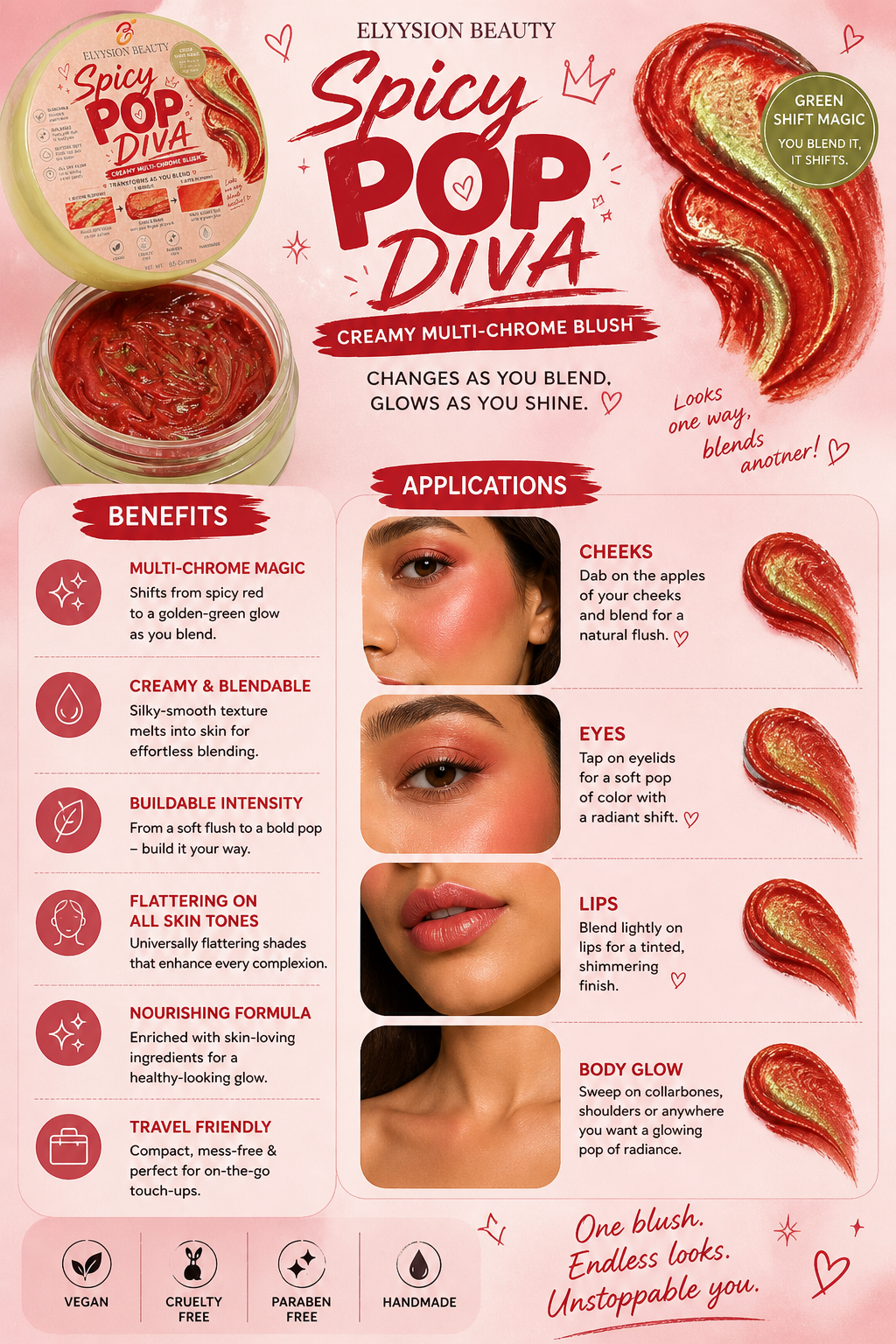Spicy Pop Diva Multi-Chrome Cream Blush | Transforming Color Shift | Buildable & Radiant Glow l Natural Flush